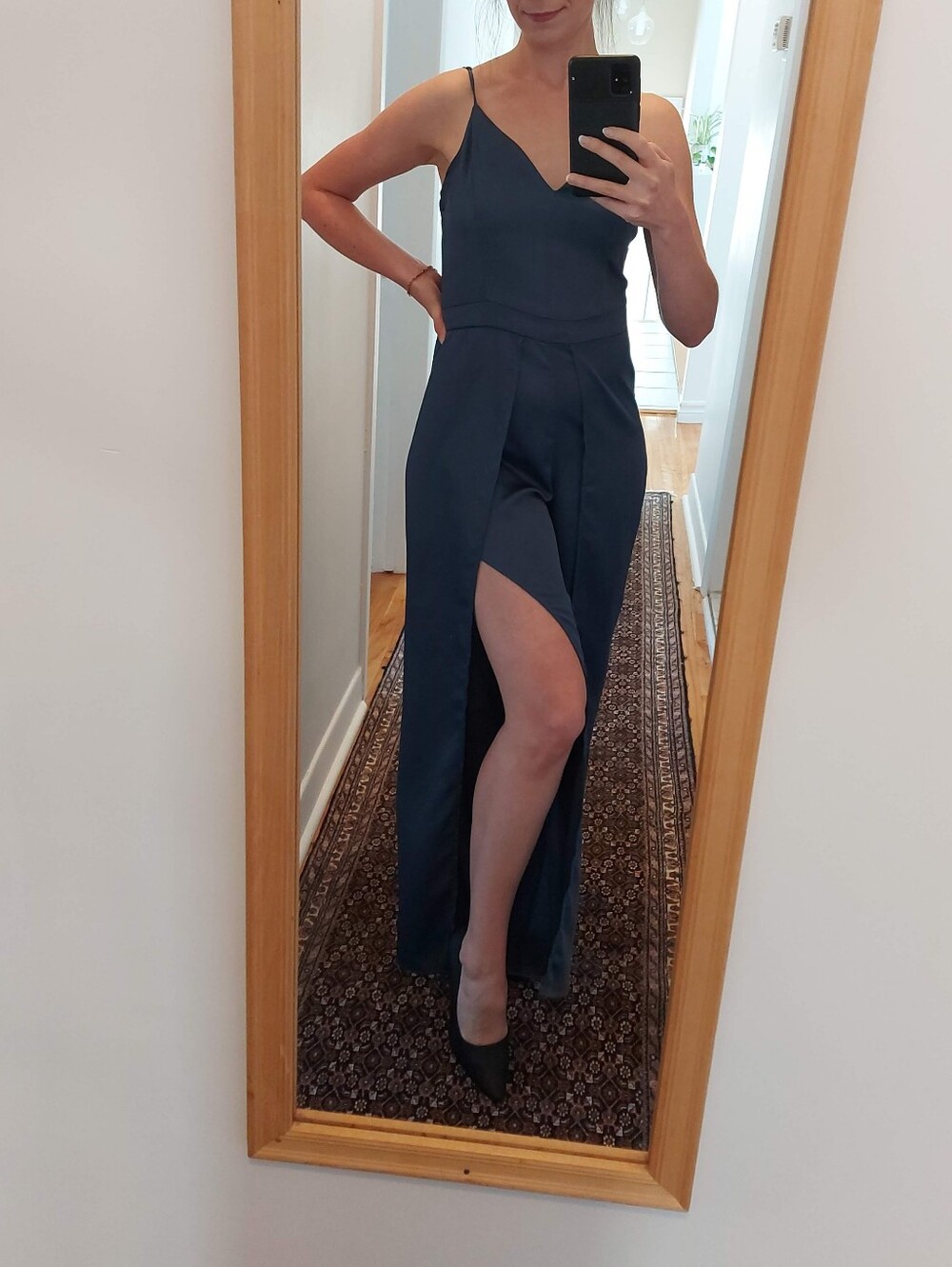 Navy Slit Jumpsuit with Spaghetti Straps